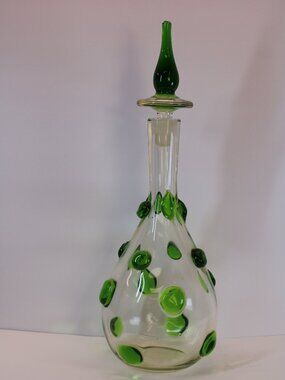 OOAK MCM 16" Teardrop Clear Decanter Handcrafted 3D Green Droplets Glass Topper